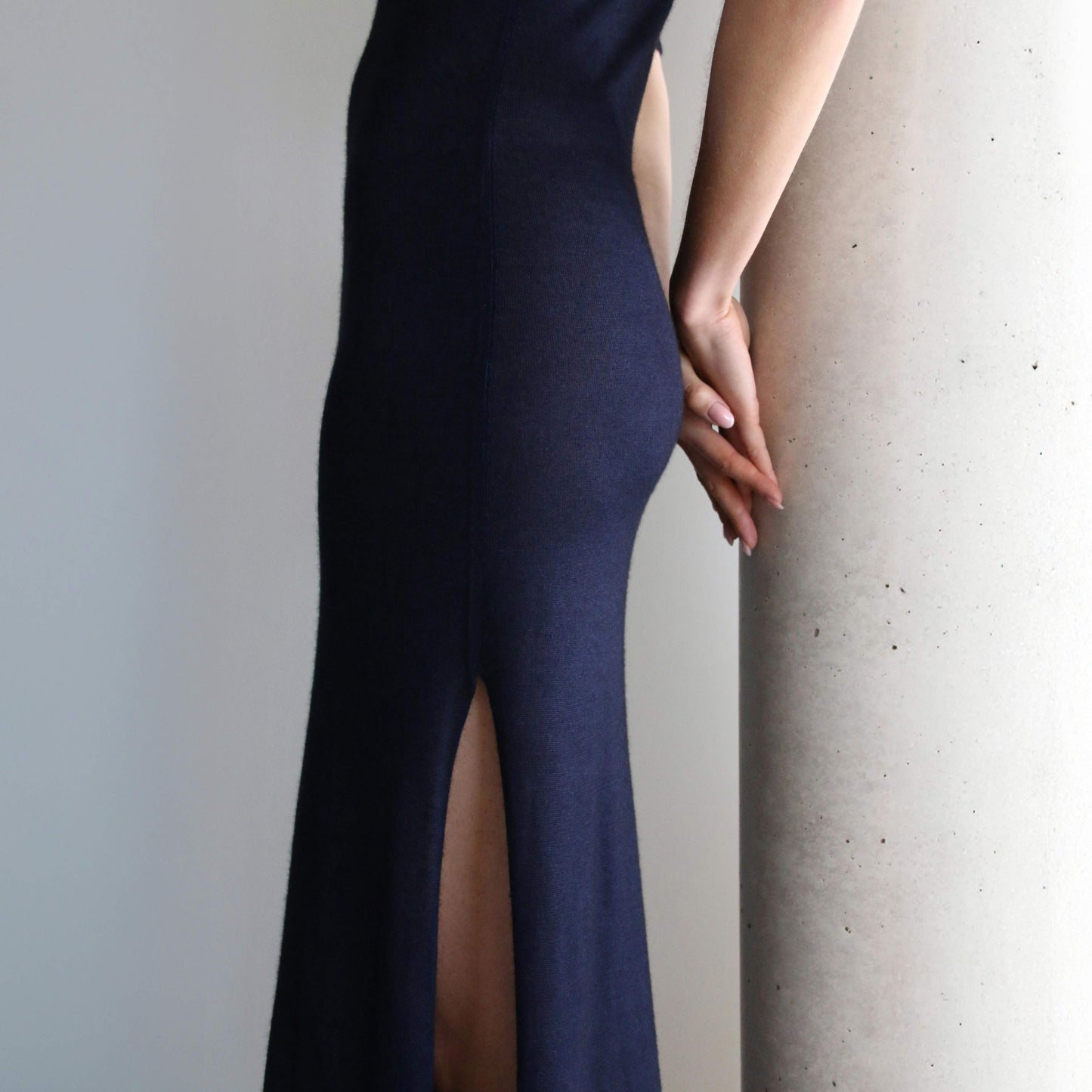 Chloe Jaipur Long Dress with Drop-Needle Net Detailing - Navy