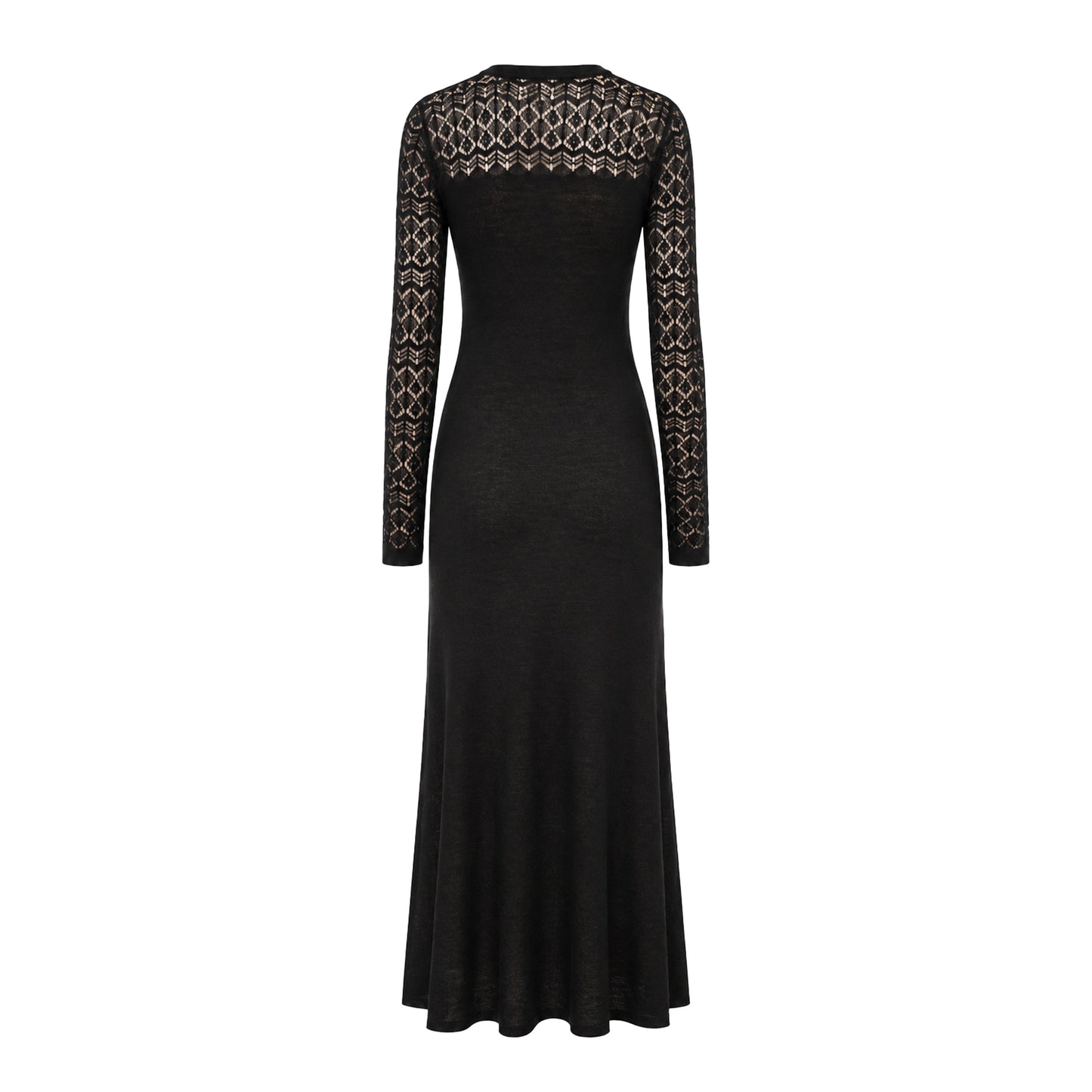 Claudia Cashmere Long Dress with Open-Knit Lace - Black
