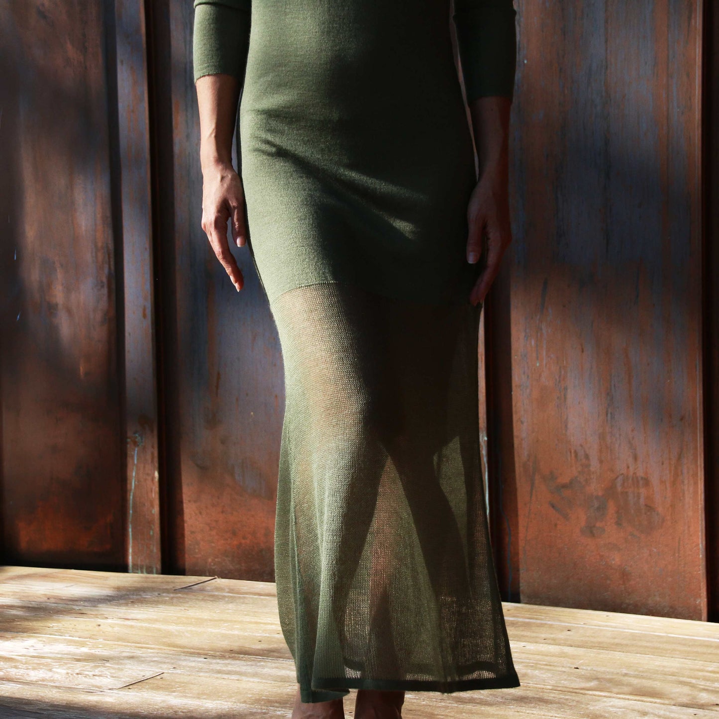 Penelope Cashmere Long Dress with Drop Needle Net on the Bottom - Sage