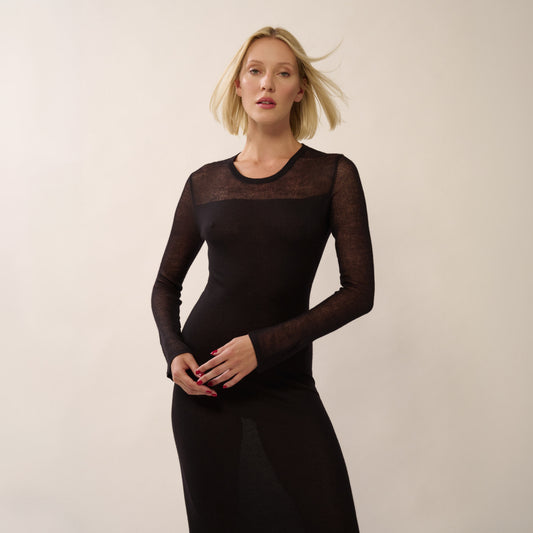 Serena Cashmere Long Dress with Drop Needle Net on the Top - Black