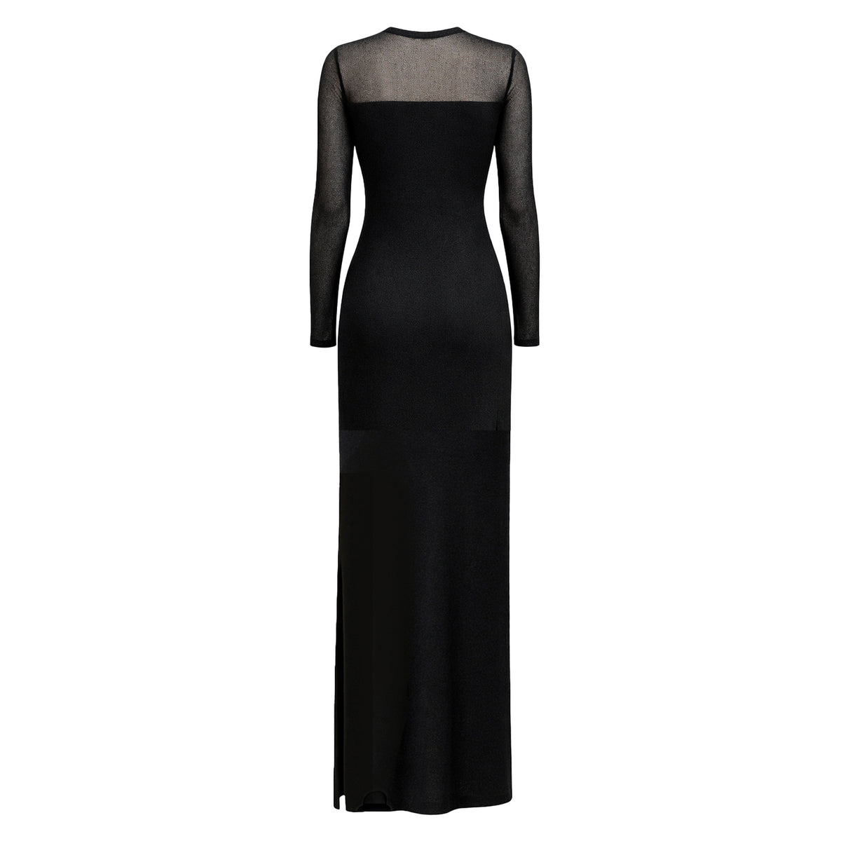 Serena cashmere long dress with drop-needle net top in black – back view – Georgina Brandolini