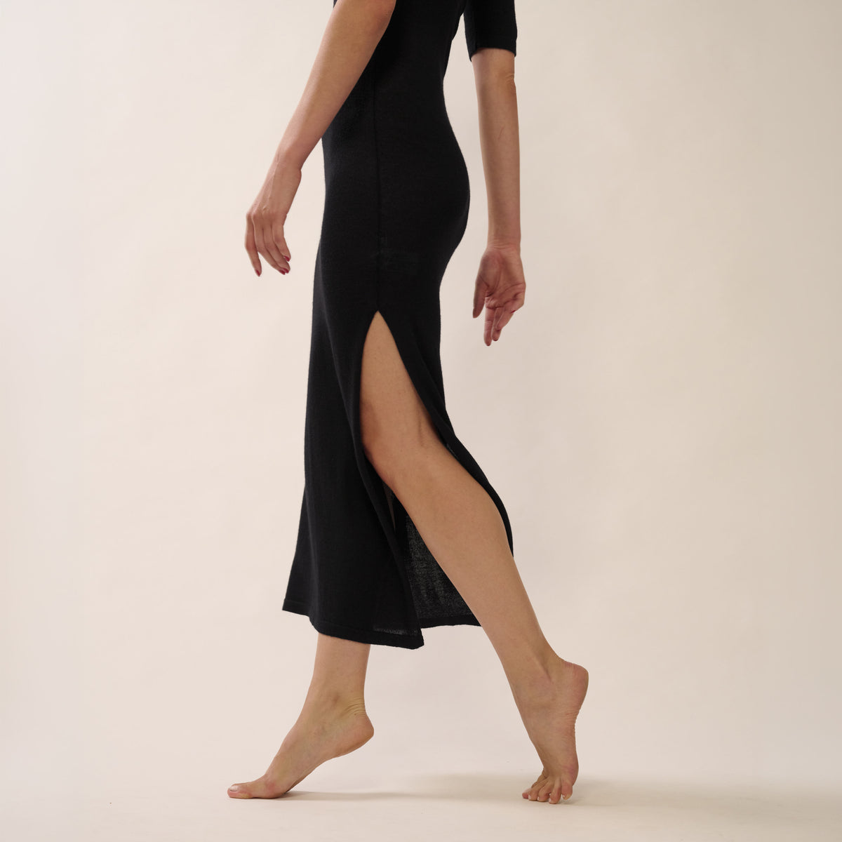 Chloe Long Dress with Drop-Needle Net Detailing - Black