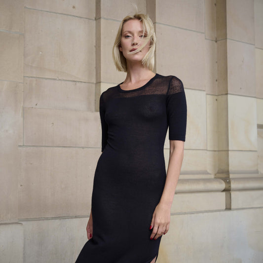 Chloe Long Dress with Drop-Needle Net Detailing - Navy