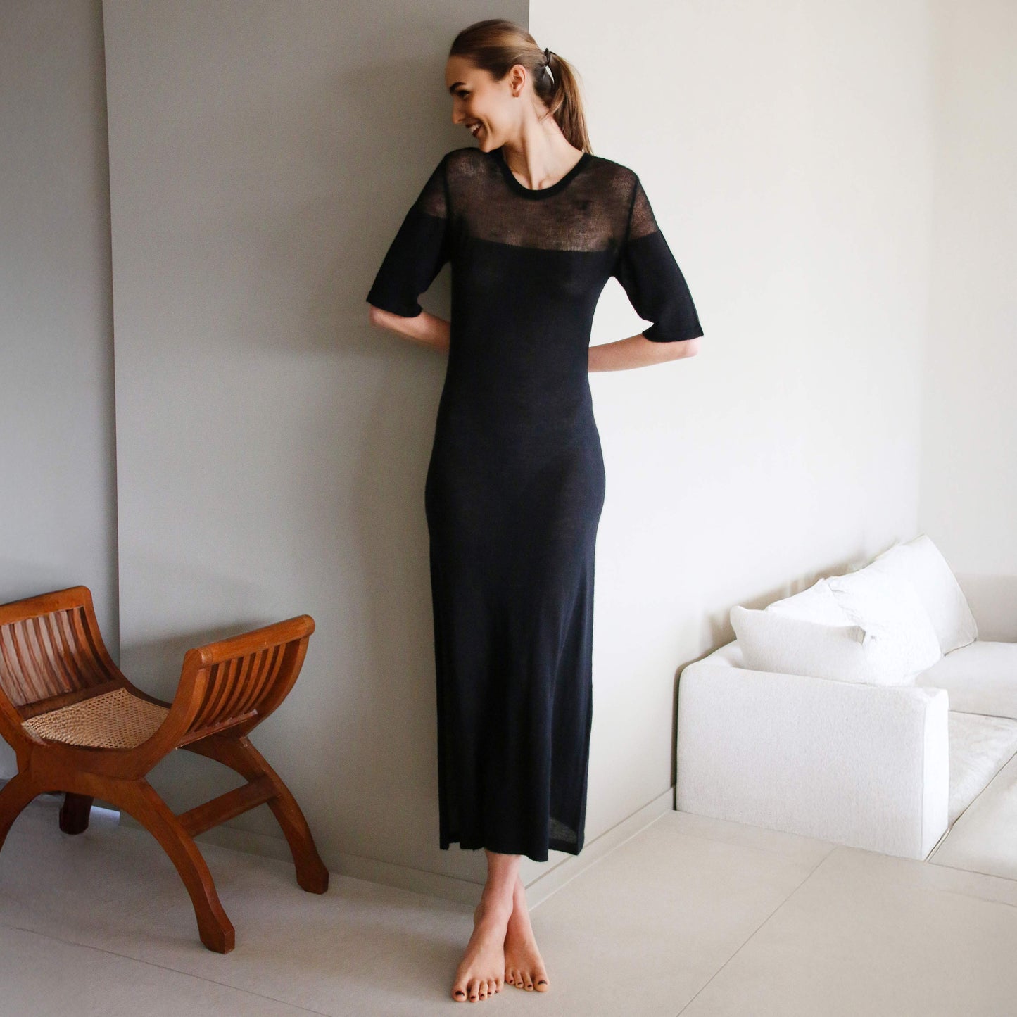 Chloe Jaipur Long Dress with Drop-Needle Net Detailing - Black