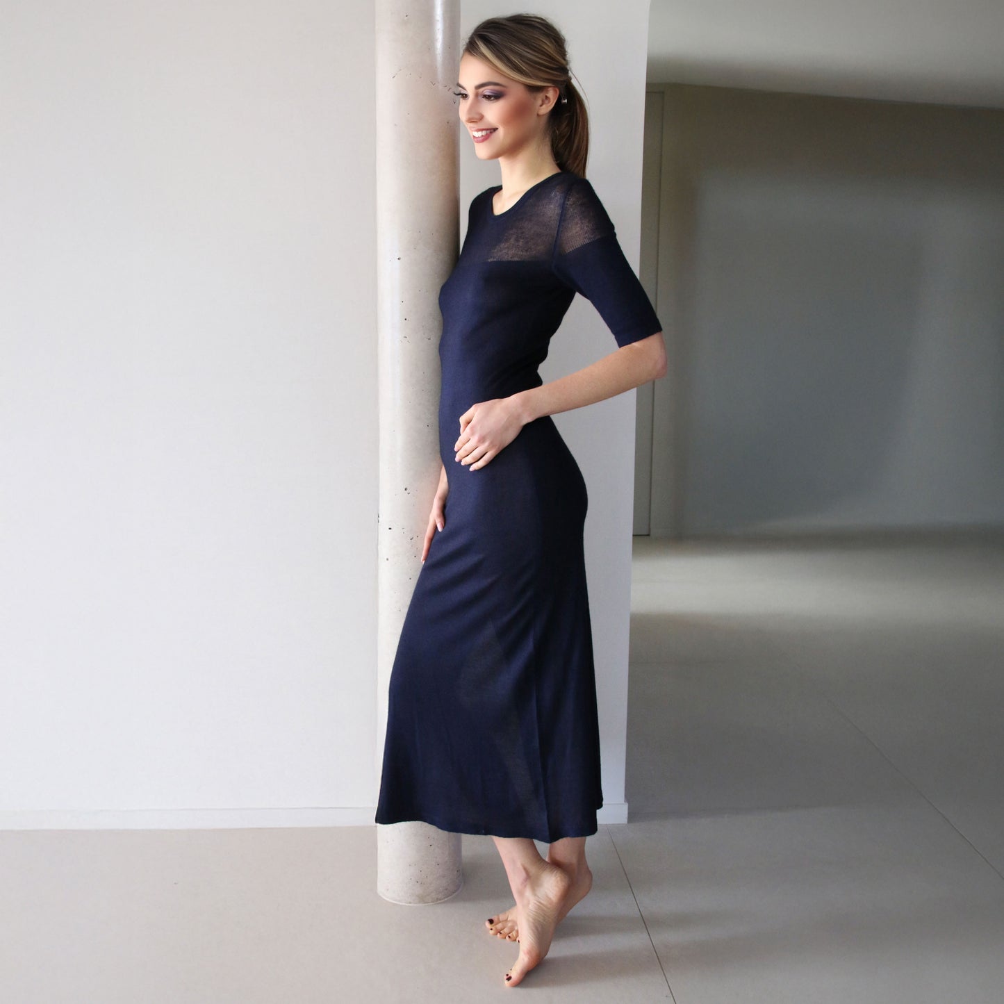 Chloe Jaipur Long Dress with Drop-Needle Net Detailing - Navy