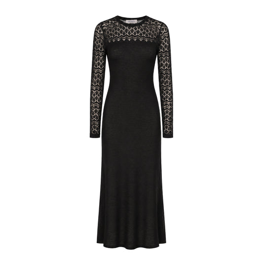 Claudia Cashmere Long Dress with Open-Knit Lace - Black