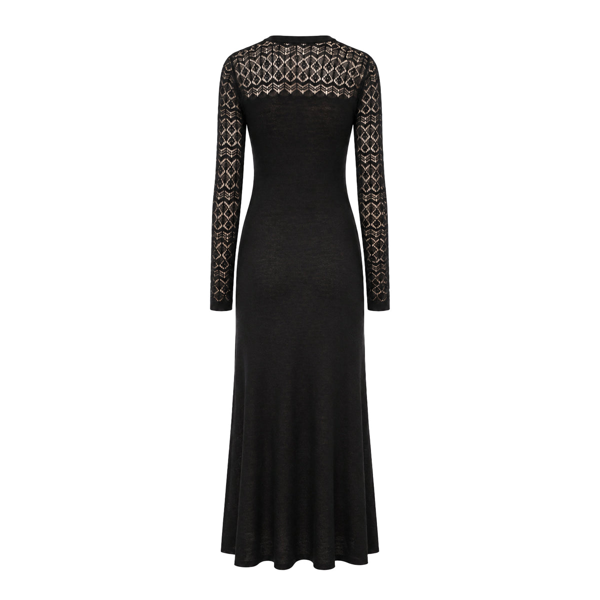 Claudia Cashmere Long Dress with Open-Knit Lace - Black