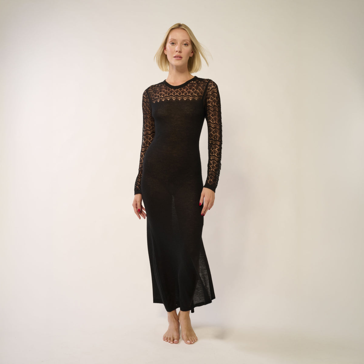 Claudia Cashmere Long Dress with Open-Knit Lace - Black