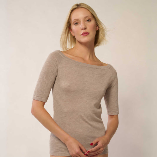 Ines Cashmere Top with Crew Neck - Toast