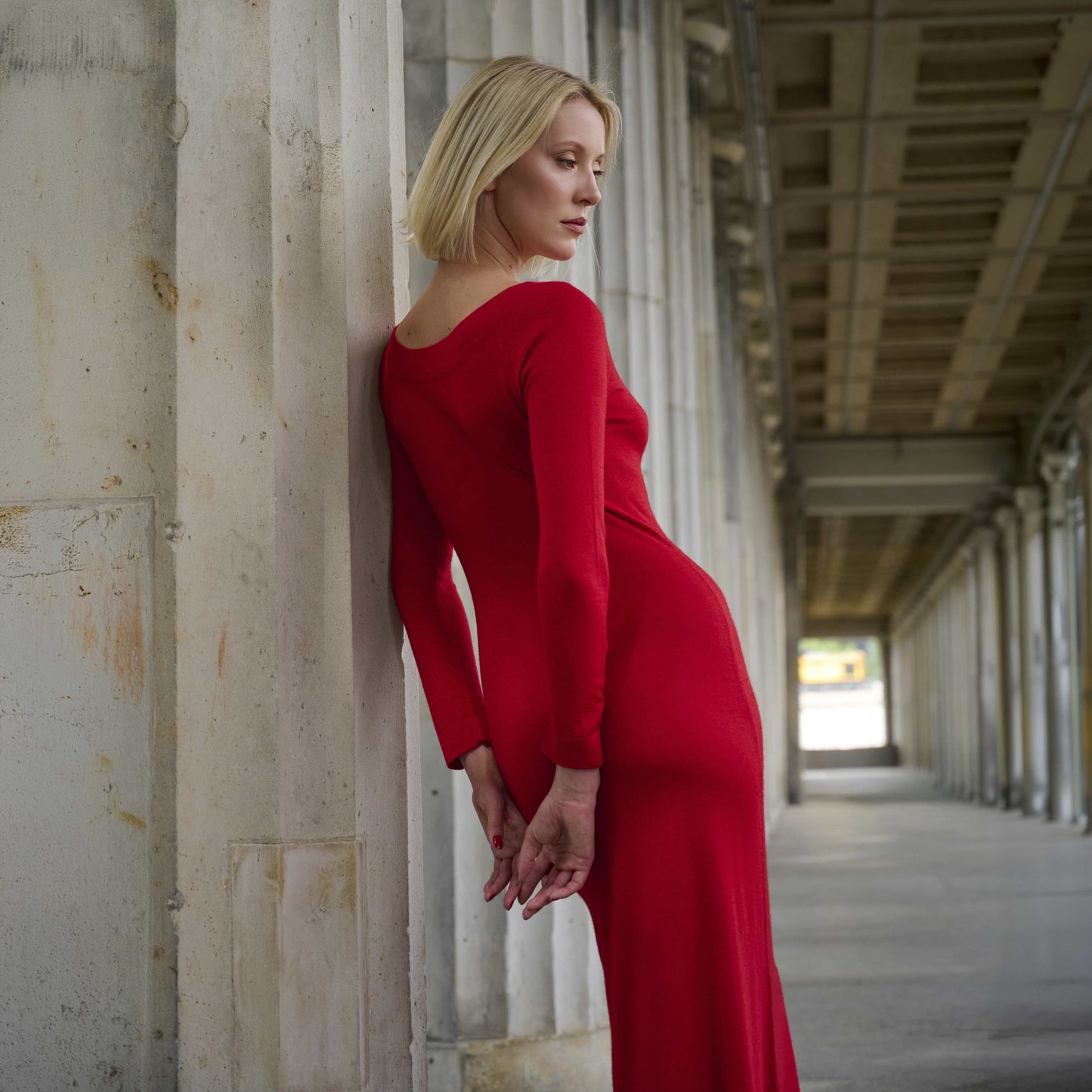 Opali Cashmere Long Dress with Crew Neck - Red