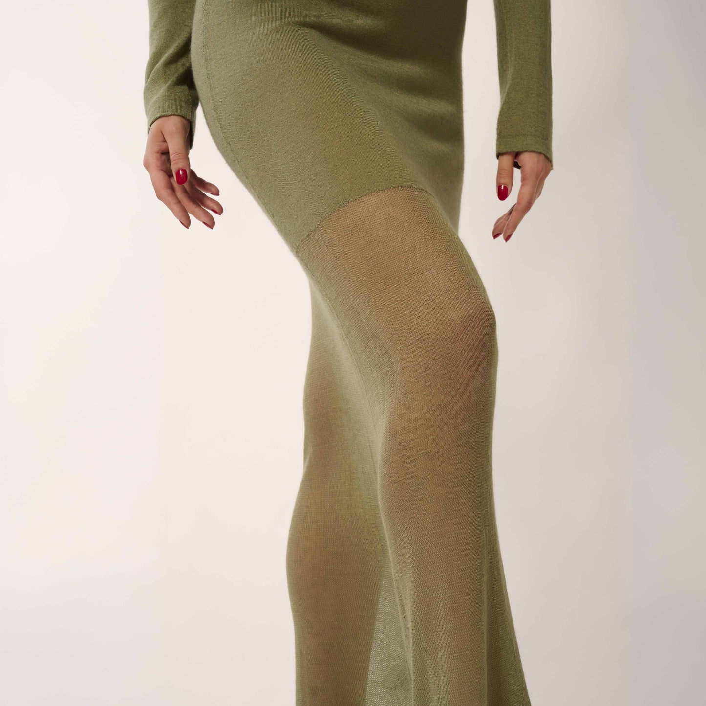 Penelope Cashmere Long Dress with Drop Needle Net on the Bottom - Sage