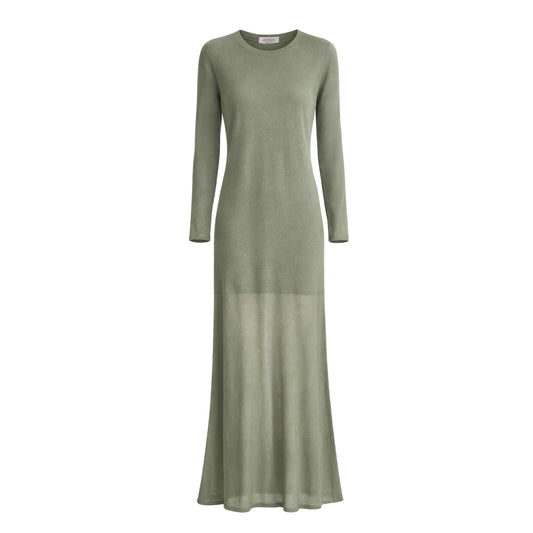 Penelope Cashmere Long Dress with Drop Needle Net on the Bottom - Sage