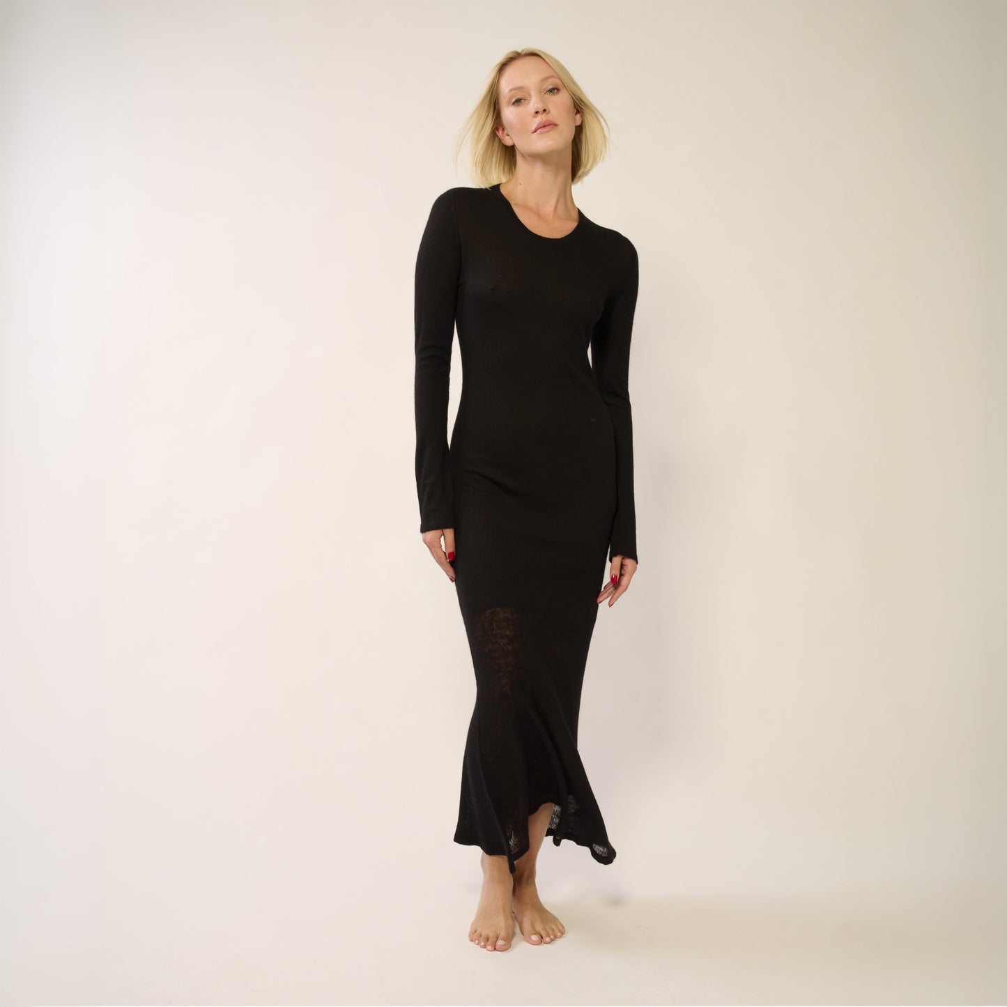 Penelope Cashmere Long Dress with Drop Needle Net on the Bottom - Black