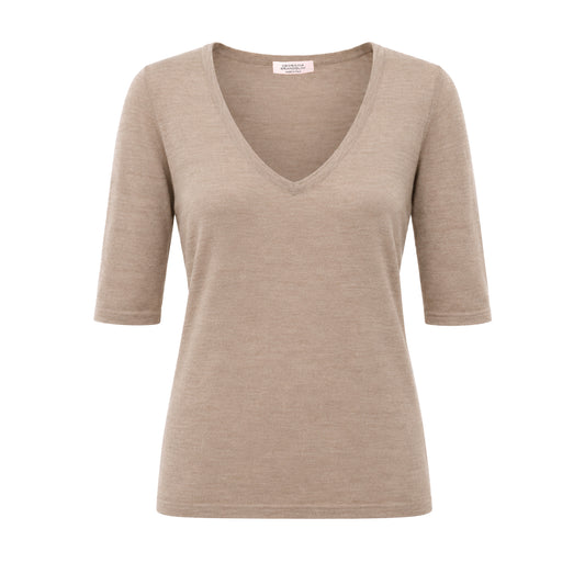 Romi cashmere and silk top with three-quarter sleeves in toast – front view – Georgina Brandolini