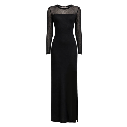 Serena Cashmere Long Dress with Drop Needle Net on the Top - Black